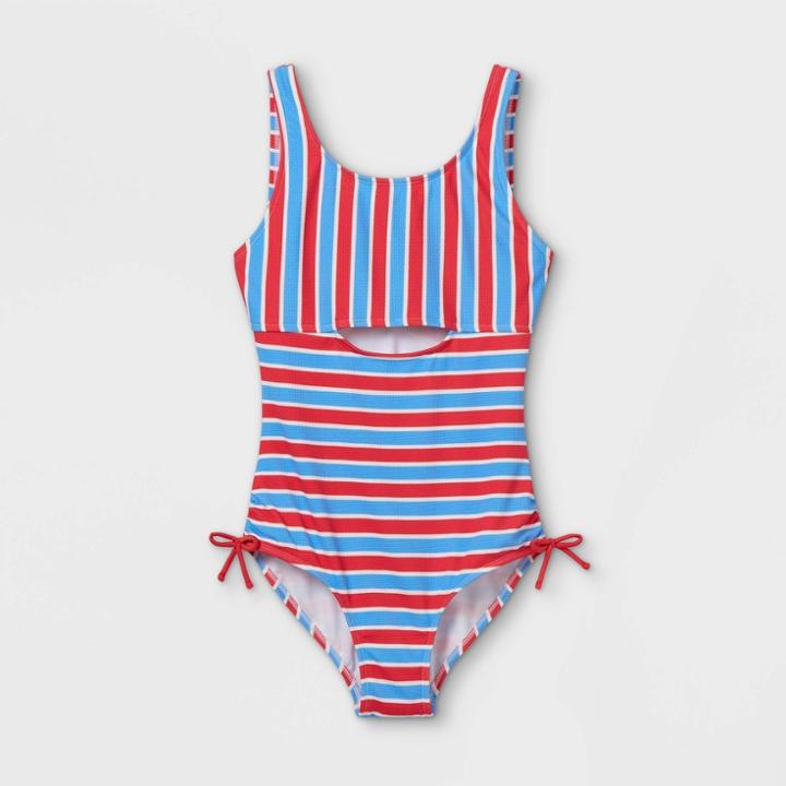 Girls' Striped One Piece Swimsuit - Art Class Red/blue