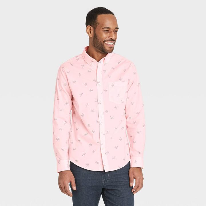 Men's Animal Print Standard Fit Stretch Poplin Long Sleeve Button-down Shirt - Goodfellow & Co Ballet Pink