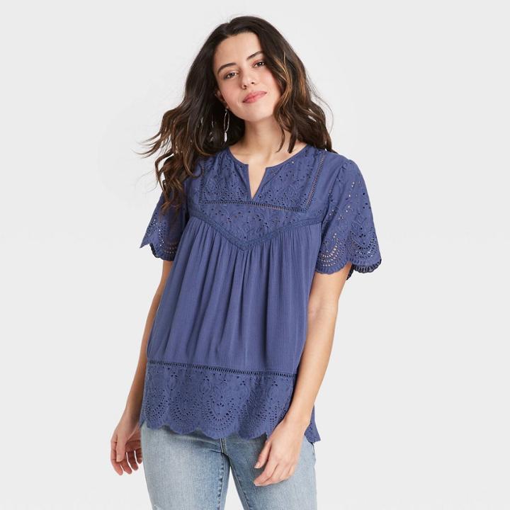 Women's Short Sleeve Eyelet Top - Knox Rose Navy
