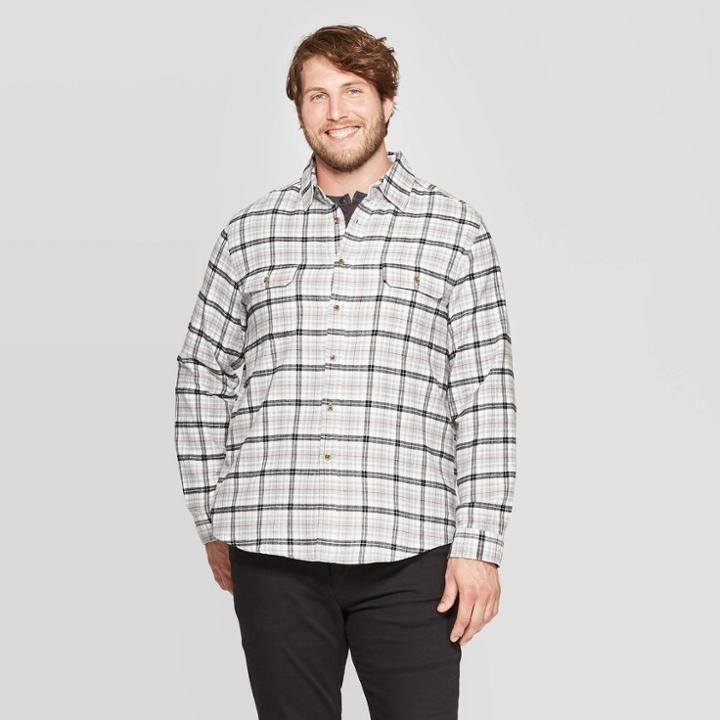 Men's Plaid Big & Tall Long Sleeve 2-pocket Flannel Button-down Shirt - Goodfellow & Co White
