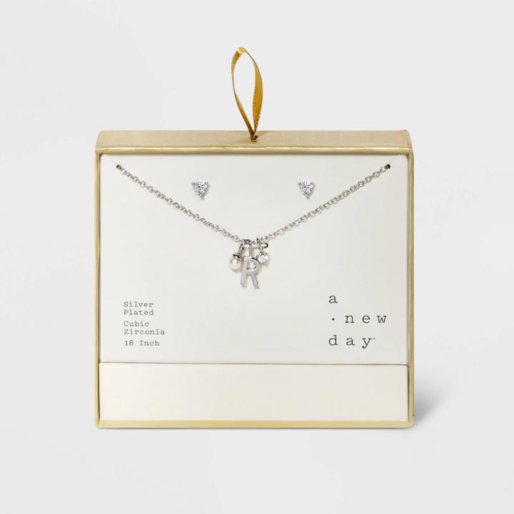Silver Plated With Cubic Zirconia And Pearl Initial 'r' Charm Cluster Necklace And Earring Set - A New Day