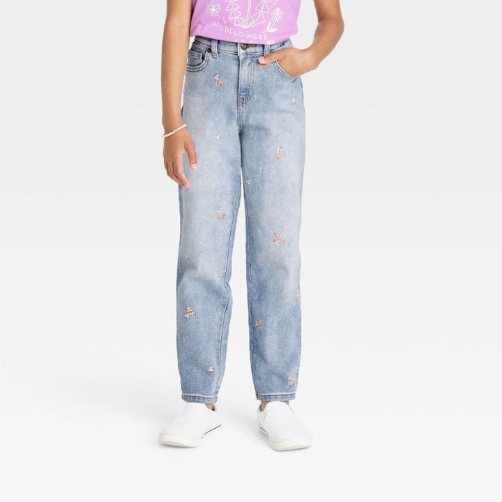Girls' Floral Embroidered High-rise Ankle Straight Jeans - Cat & Jack