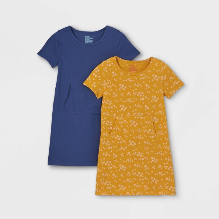 Girls' Adaptive Abdominal Access 2pk Knit Short Sleeve Dress - Cat & Jack Blue/mustard Yellow