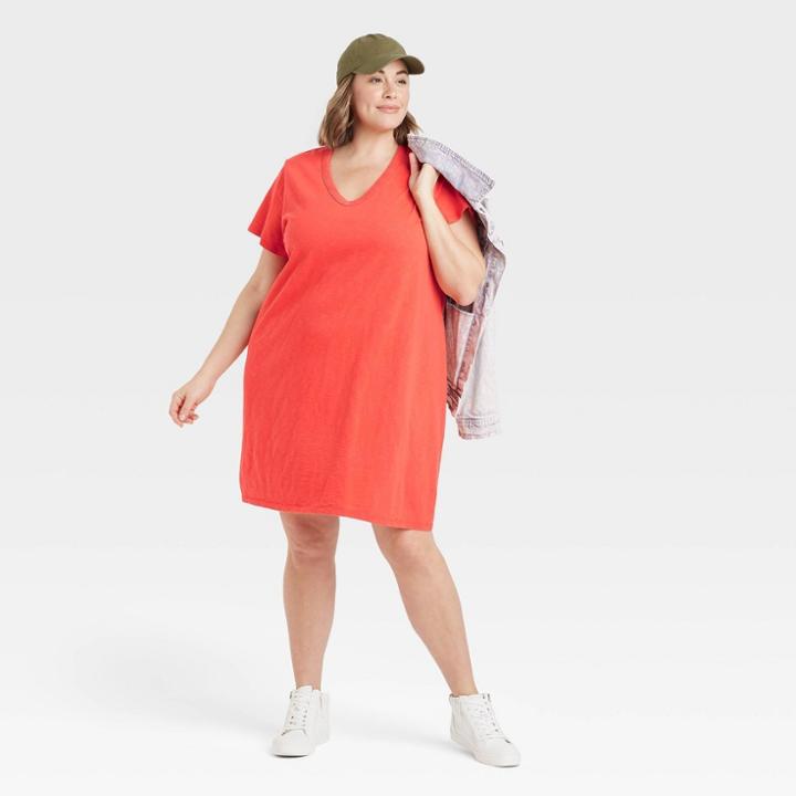 Women's Plus Size Short Sleeve T-shirt Dress - Universal Thread Red