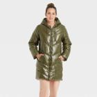 Women's Mid Length Wet Look Puffer Jacket - A New Day Green