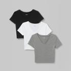 Women's Short Sleeve V-neck Cropped 3pk Bundle T-shirt - Wild Fable Xs, Black/gray/white