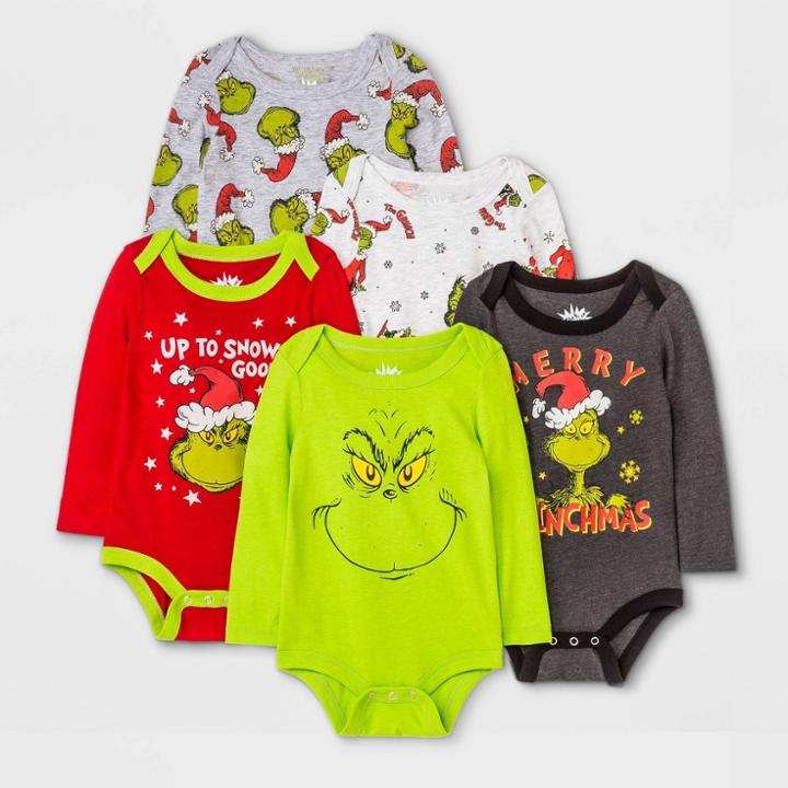 Dr. Seuss Baby 5pk Grinch Long Sleeve Knit Bodysuit - 0-3m,