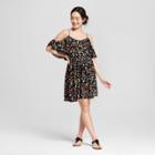 Women's Floral Print Short Sleeve Cold Shoulder Fit And Flare Dress - Xhilaration Black/berry