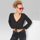 Women's Polka Dot Long Sleeve Front Tie Top - Wild Fable Black
