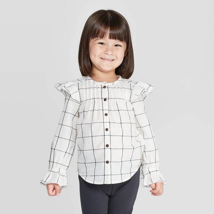 Toddler Girls' Ruffle Sleeve Grid Button-down Shirt - Art Class Black/white 12m, Toddler Girl's