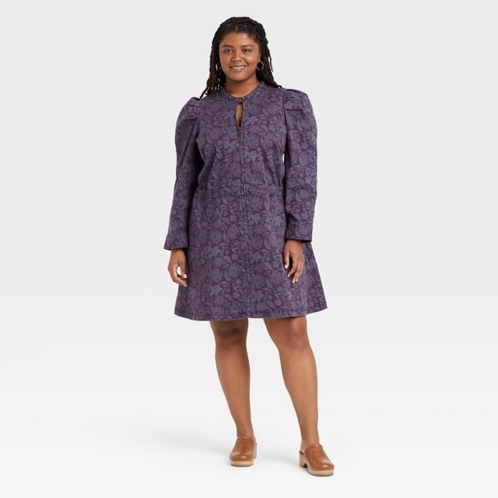 Women's Plus Size Puff Long Sleeve Structured Denim Dress - Universal Thread Navy Floral