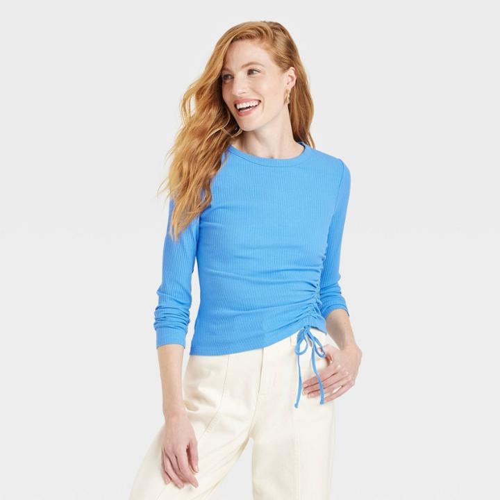Women's Long Sleeve Side Ruched T-shirt - A New Day Blue