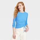 Women's Long Sleeve Side Ruched T-shirt - A New Day Blue