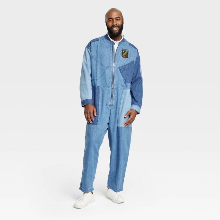 Houston White Adult Plus Size Long Sleeve Flight Jumpsuit - Blue Denim Patchwork
