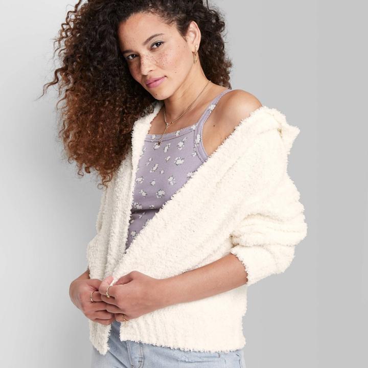 Women's Fuzzy Open Hooded Cardigan - Wild Fable Almond