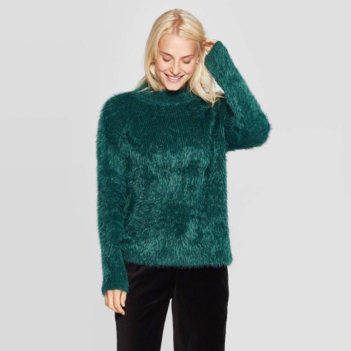 Women's Casual Fit Long Sleeve Textured Mock Turtleneck Pullover - A New Day Dark Green L, Women's,