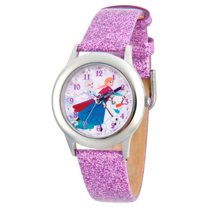 Girls' Disney Frozen Anna, Elsa And Olaf Stainless Steel Time Teacher Glitz Watch - Purple, Girl's