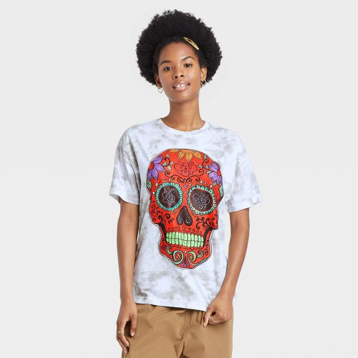 Modern Lux Women's Dia De Los Muertos Skull Short Sleeve Graphic T-shirt - White Tie-dye