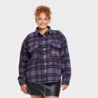 Women's Plus Size Marvel Wakanda Forever Plaid Graphic Shacket - Purple