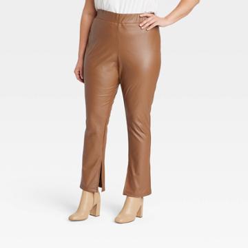 Women's Plus Size High-waisted Split Hem Faux Leather Leggings - A New Day Brown