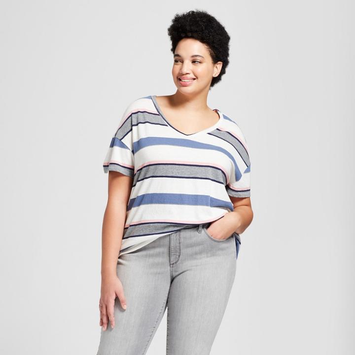Women's Plus Size V-neck Short Sleeve Stripe T-shirt - Universal Thread Navy Stripe X,