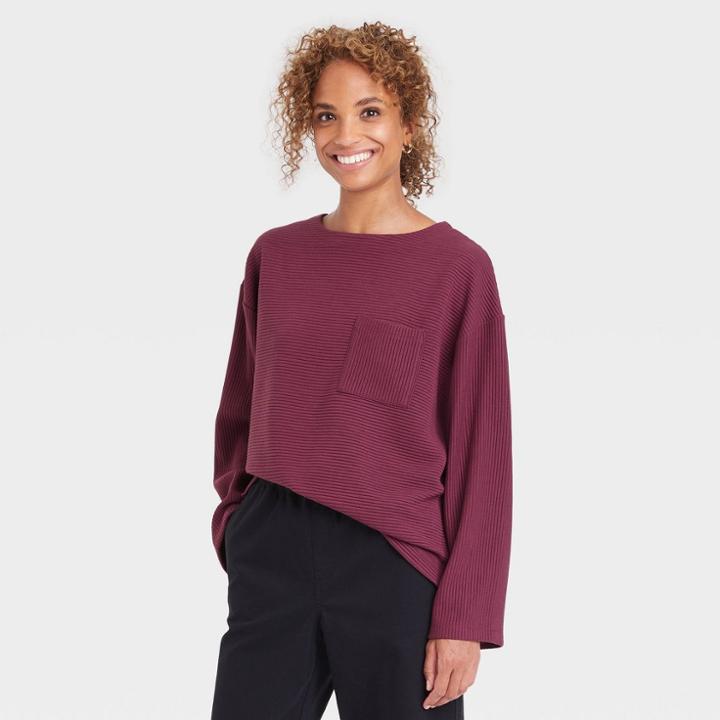 Women's Long Sleeve Ottoman T-shirt - A New Day Burgundy