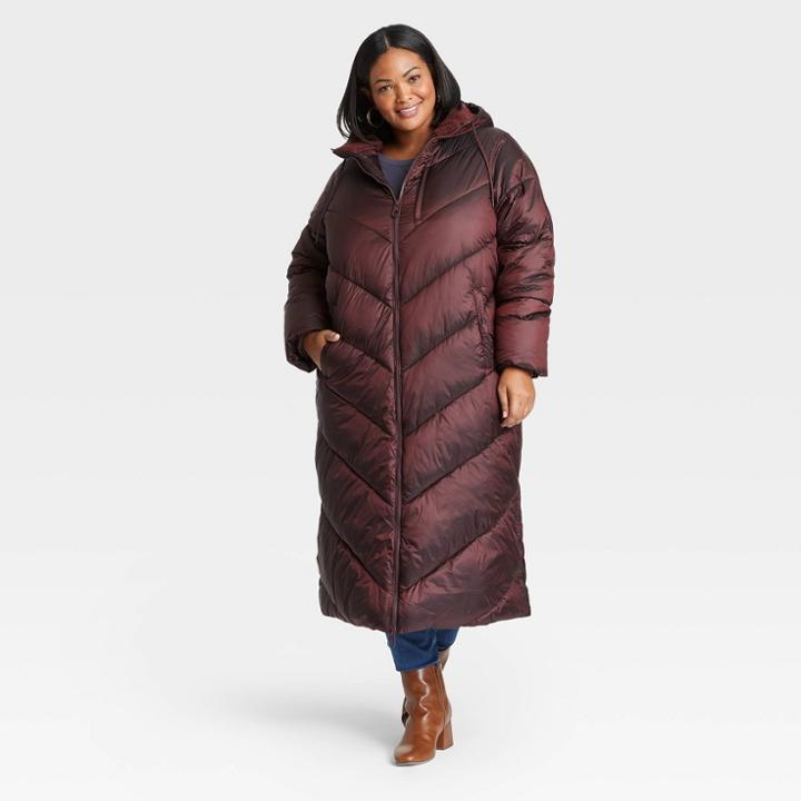 Women's Plus Size Long Puffer Jacket - Ava & Viv Burgundy X, Red