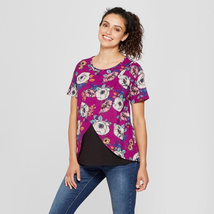 Macherie Maternity Floral Short Sleeve Tulip Drape Nursing Top - Ma Cherie Plum L, Infant Girl's, Purple