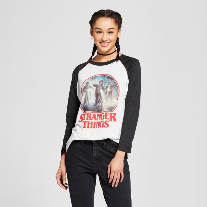 Women's Stranger Things Night Ride Raglan 3/4 Sleeve T-shirt (juniors') - White/black