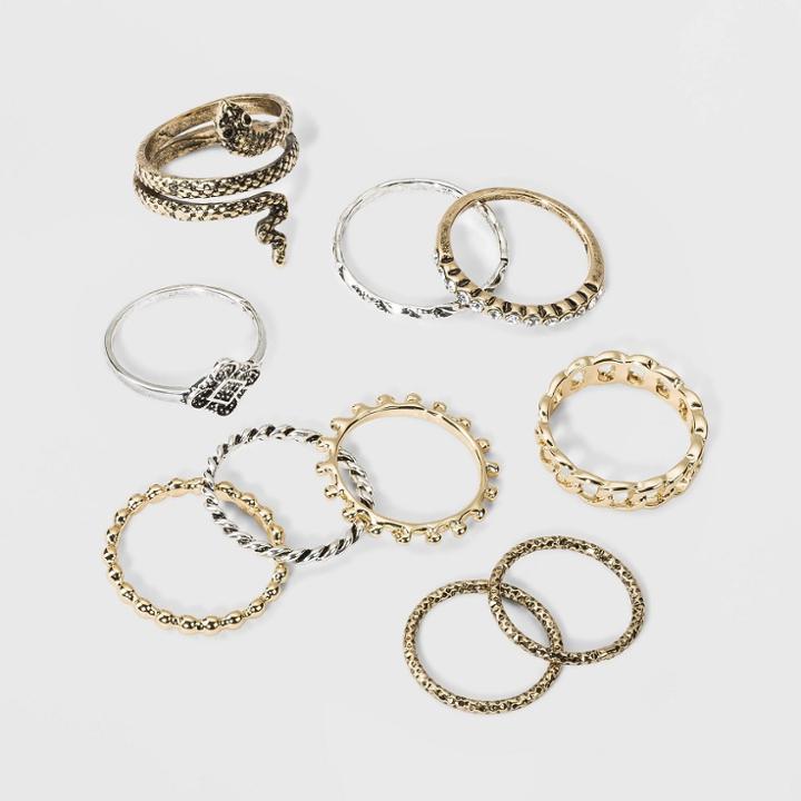 Snake, Curb Chain Band And Textured Ring Set 10pc - Wild Fable, Women's,