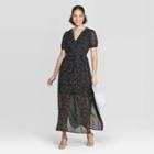 Women's Floral Print Casual Fit Cap Sleeve Deep V-neck Chiffon Maxi Dress - A New Day Black/white