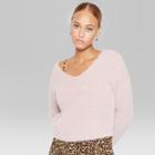 Women's Long Sleeve Fuzzy V-neck Sweater - Wild Fable Rose