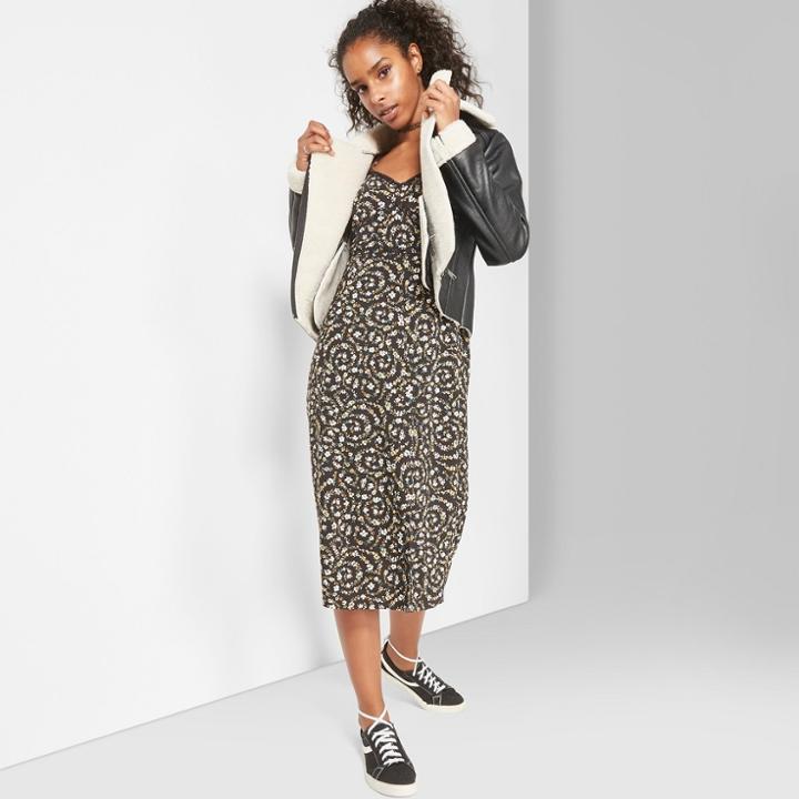 Women's Floral Print Lace Trim Strappy Slip Midi Dress - Wild Fable Black