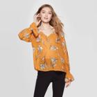 Women's Floral Print Long Bell Sleeve V-neck Blouse - A New Day Rust