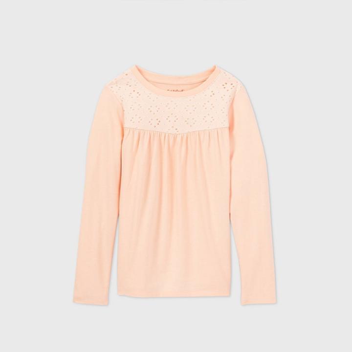 Girls' Long Sleeve Crochet Knit Top - Cat & Jack Peach
