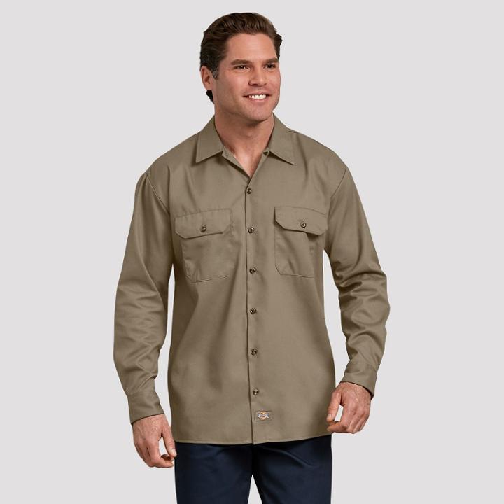 Dickies Men's Relaxed Fit Long Sleeve Button-down Shirts - Desert Tan