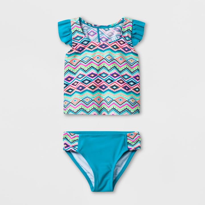 Malibu Dream Girl Girls' Frilled Sleeve Mosaic Tankini Set - 16.5,