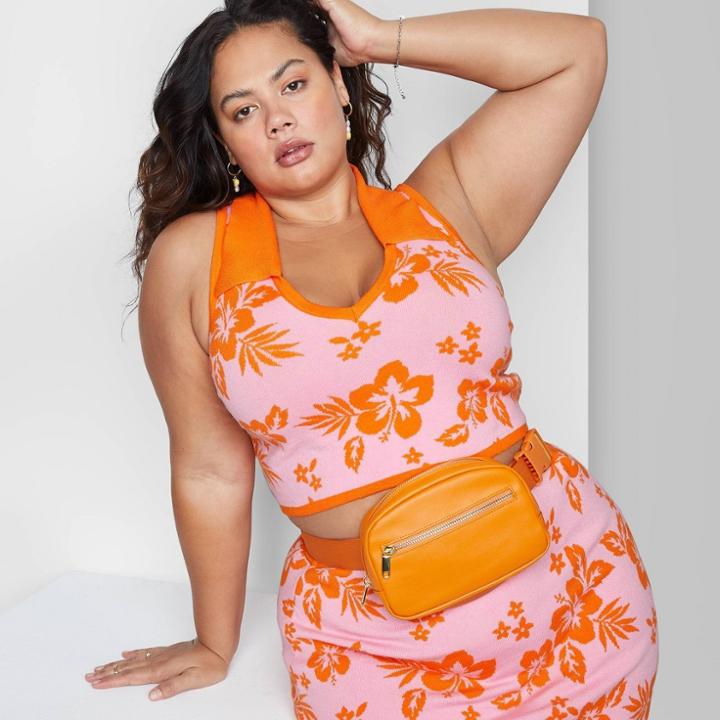 Women's Plus Size Cropped Jacquard Sweater Tank Top - Wild Fable Pink Tropical Floral