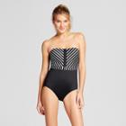 Women's Striped Contrast Bandeau One Piece Swimsuit Black L - Clean Water
