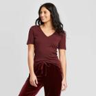 Women's Short Sleeve V-neck Fitted T-shirt - A New Day Burgundy Xs, Women's, Red
