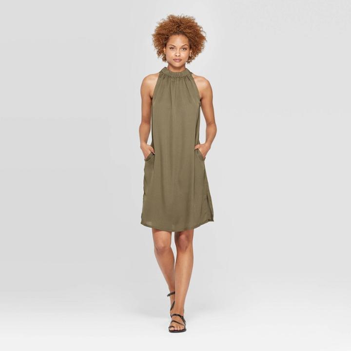 Women's Sleeveless Mock Turtleneck A Line Dress - Prologue Paris Green L,