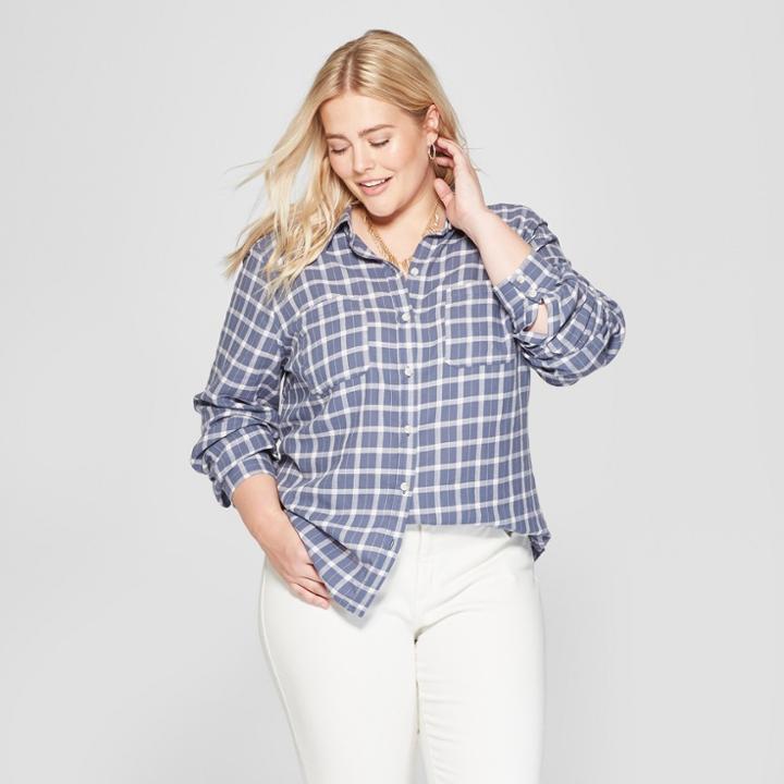 Women's Plus Size Plaid Button-down Long Sleeve Shirt - Universal Thread Blue X