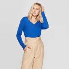 Women's Long Sleeve Ribbed Cuff V-neck Pullover Sweater - A New Day Dark Blue