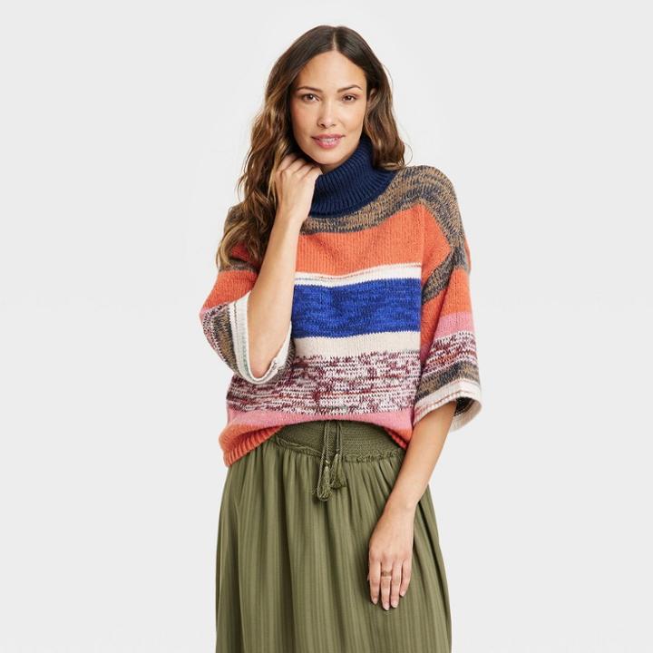Women's Turtleneck Sweater - Knox Rose Copper Striped M, Brown