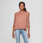 Women's 3/4 Lace Sleeve Cold Shoulder Knit Top - Xhilaration Pink
