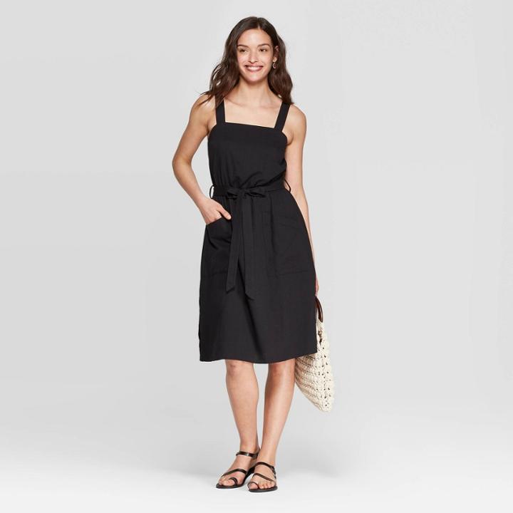 Women's Sleeveless Square Neck Knee Length Belted Dress With Pockets - Universal Thread Black