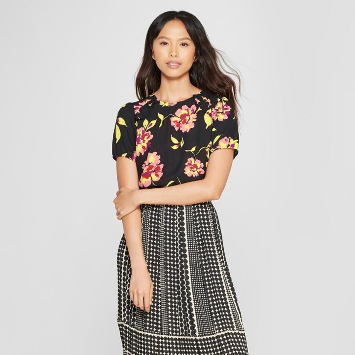 Women's Floral Print Short Sleeve Boxy Ruffle T-shirt - Who What Wear Black Xxl, Black Floral