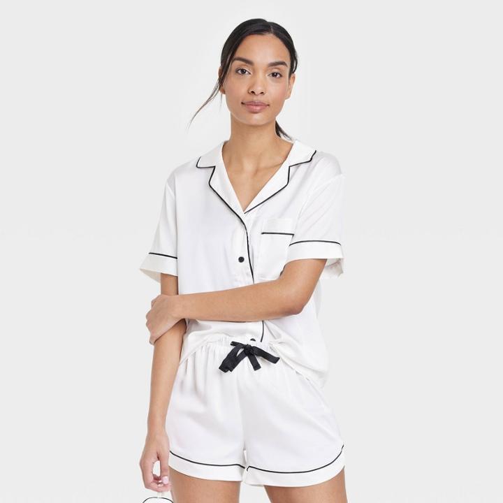 Women's 3pc Satin Notch Collar And Shorts Pajama Set - Stars Above White