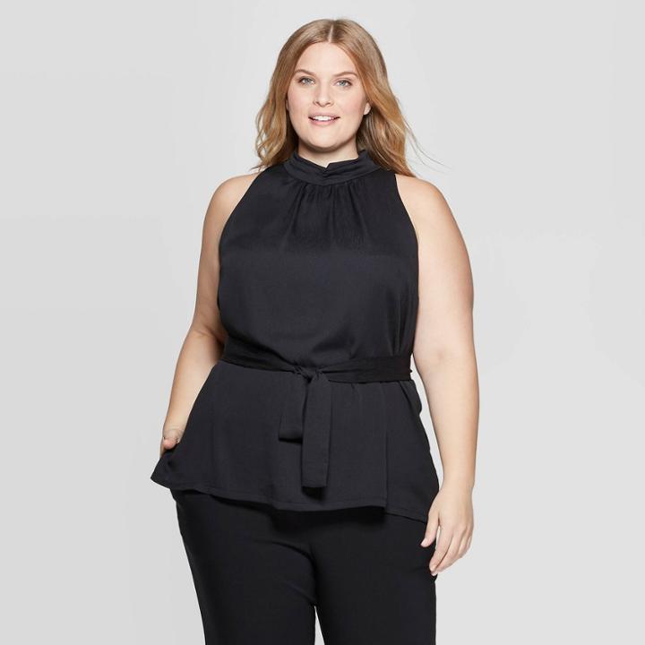Women's Plus Size Sleeveless Turtleneck Halter Belted Top - Prologue Black