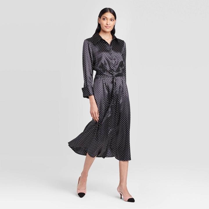 Women's Polka Dot Long Sleeve Collared Neck Silky Shirt Midi Dress - Who What Wear Black